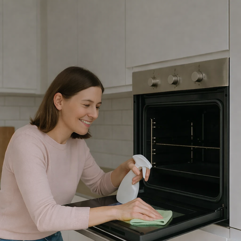 A professional oven cleaner cleaning a dirty oven in a domestic kitchen