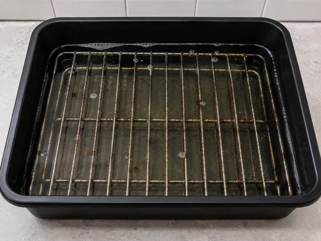 Black tray with dirty oven racks